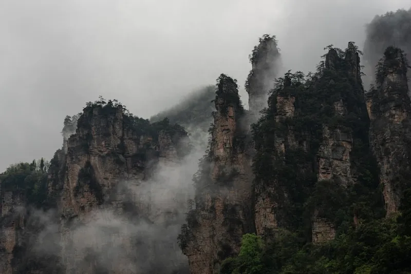 Misty forest and mountain scenery near Mount Qingcheng, Dujiangyan